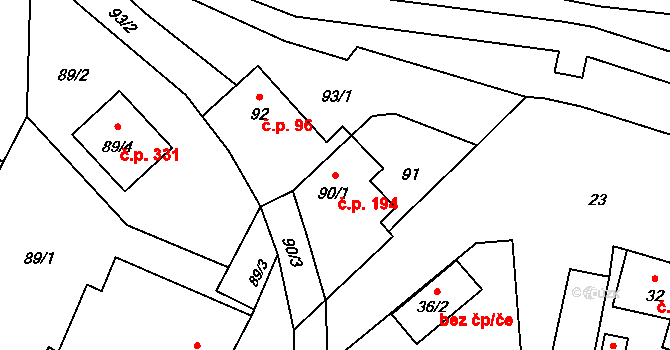 Rychlov 194, Bystřice pod Hostýnem na parcele st. 90/1 v KÚ Rychlov u Bystřice pod Hostýnem, Katastrální mapa