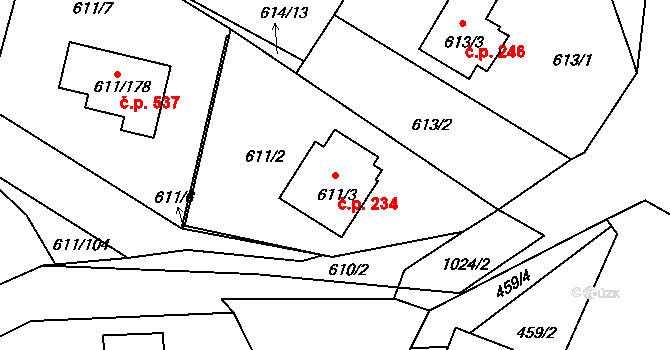 Srubec 234 na parcele st. 611/3 v KÚ Srubec, Katastrální mapa