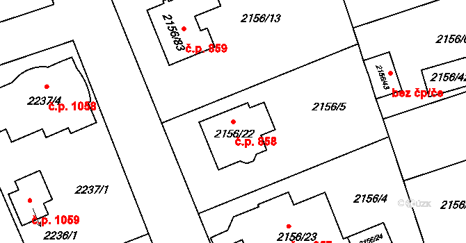 Lužice 858 na parcele st. 2156/22 v KÚ Lužice u Hodonína, Katastrální mapa