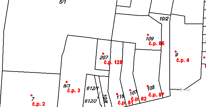 Hostomice 128 na parcele st. 207 v KÚ Hostomice nad Bílinou, Katastrální mapa