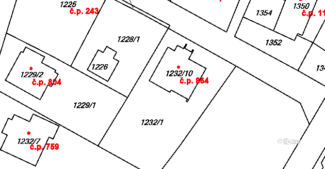 Kosmonosy 864 na parcele st. 1232/10 v KÚ Kosmonosy, Katastrální mapa