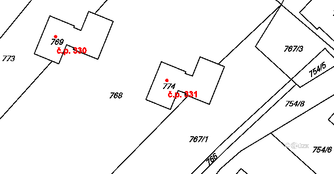 Čistá 331 na parcele st. 774 v KÚ Čistá u Rakovníka, Katastrální mapa