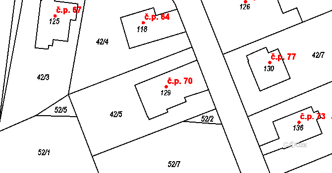 Milovice u Hořic 70 na parcele st. 129 v KÚ Milovice u Hořic, Katastrální mapa