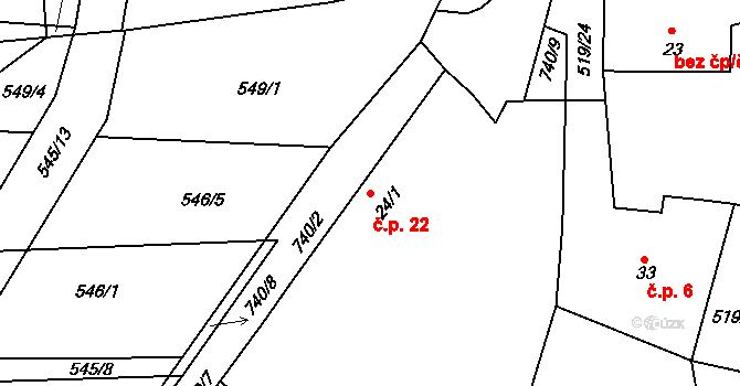 Obora 22, Malšice na parcele st. 24/1 v KÚ Obora u Maršova, Katastrální mapa