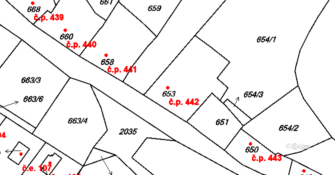 Bechyně 442 na parcele st. 653 v KÚ Bechyně, Katastrální mapa