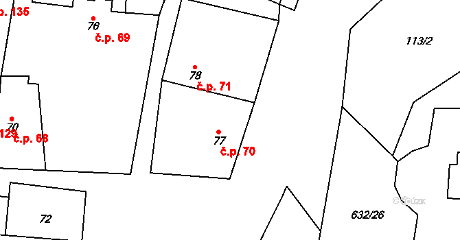 Dymokury 70 na parcele st. 77 v KÚ Dymokury, Katastrální mapa
