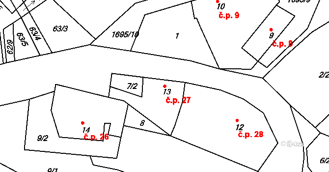 Hutě 27, Černýšovice na parcele st. 13 v KÚ Černýšovice, Katastrální mapa