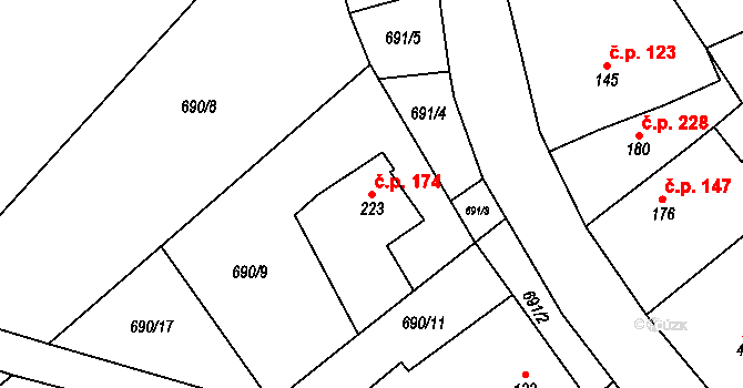 Šošůvka 174 na parcele st. 223 v KÚ Šošůvka, Katastrální mapa