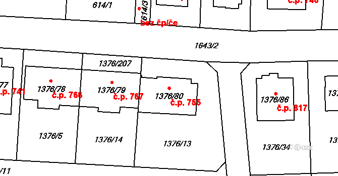 Řeporyje 755, Praha na parcele st. 1376/80 v KÚ Řeporyje, Katastrální mapa