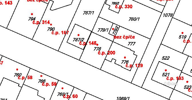 Čimice 200, Praha na parcele st. 778 v KÚ Čimice, Katastrální mapa