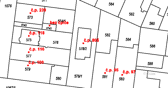 Čimice 805, Praha na parcele st. 578/2 v KÚ Čimice, Katastrální mapa