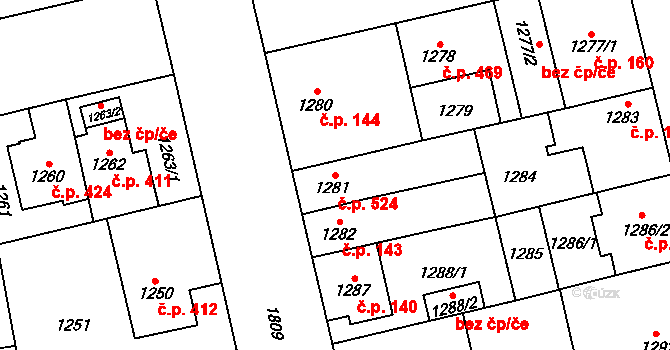 Kobylisy 524, Praha na parcele st. 1281 v KÚ Kobylisy, Katastrální mapa