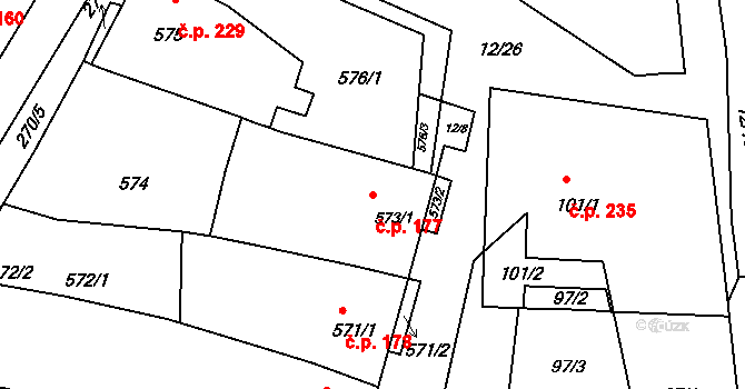Jevišovka 177 na parcele st. 573/1 v KÚ Jevišovka, Katastrální mapa