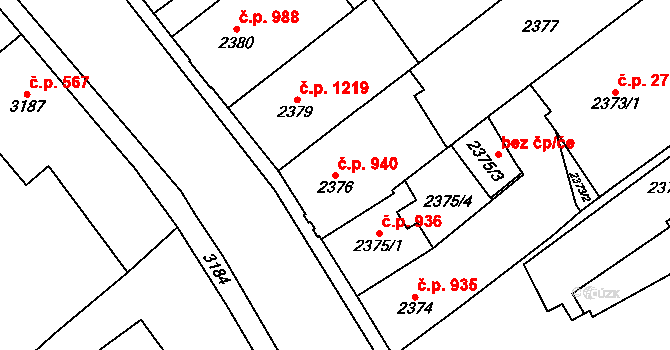Chomutov 940 na parcele st. 2376 v KÚ Chomutov I, Katastrální mapa