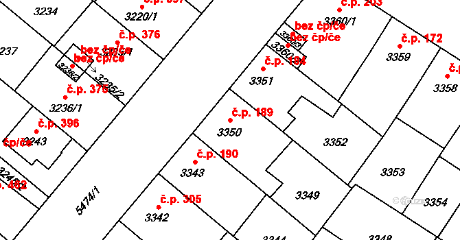 Lobzy 189, Plzeň na parcele st. 3350 v KÚ Plzeň, Katastrální mapa