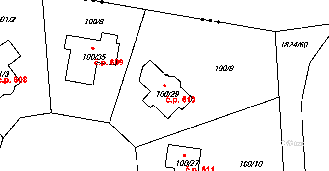Šenov u Nového Jičína 610 na parcele st. 100/29 v KÚ Šenov u Nového Jičína, Katastrální mapa