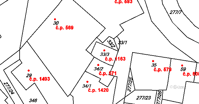 Rudná 1163 na parcele st. 33/3 v KÚ Hořelice, Katastrální mapa