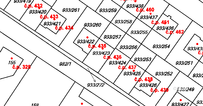 Satalice 436, Praha na parcele st. 933/423 v KÚ Satalice, Katastrální mapa