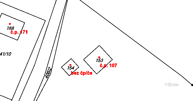 Horní Stakory 107, Kosmonosy na parcele st. 153 v KÚ Horní Stakory, Katastrální mapa