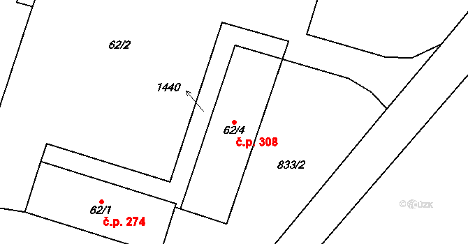 Háje 308, Cheb na parcele st. 62/4 v KÚ Háje u Chebu, Katastrální mapa