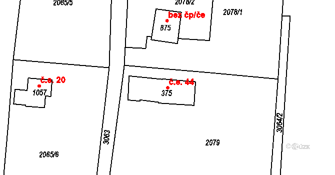 Rudník 44 na parcele st. 375 v KÚ Rudník, Katastrální mapa
