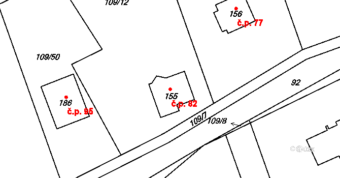 Žižice 82 na parcele st. 155 v KÚ Žižice, Katastrální mapa