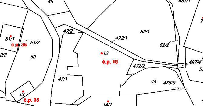 Divišov 19, Bystřice nad Pernštejnem na parcele st. 12 v KÚ Divišov, Katastrální mapa