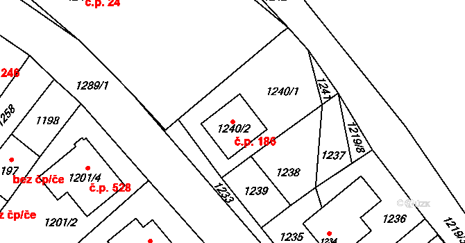 Měřín 186 na parcele st. 1240/2 v KÚ Měřín, Katastrální mapa