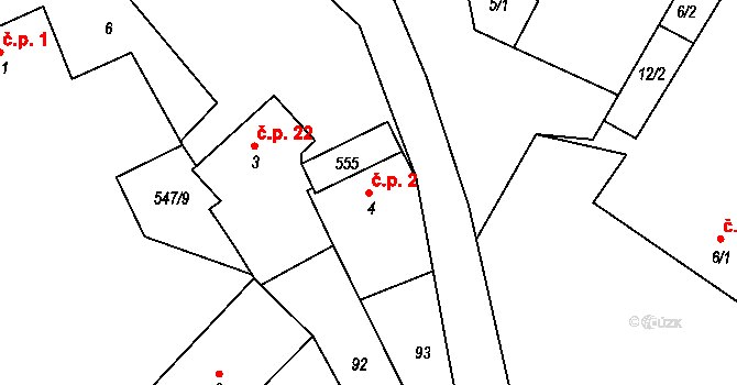 Račice 2 na parcele st. 4 v KÚ Račice u Dlouhého, Katastrální mapa