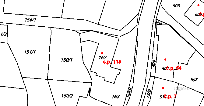 Hvozdná 115 na parcele st. 152 v KÚ Hvozdná, Katastrální mapa