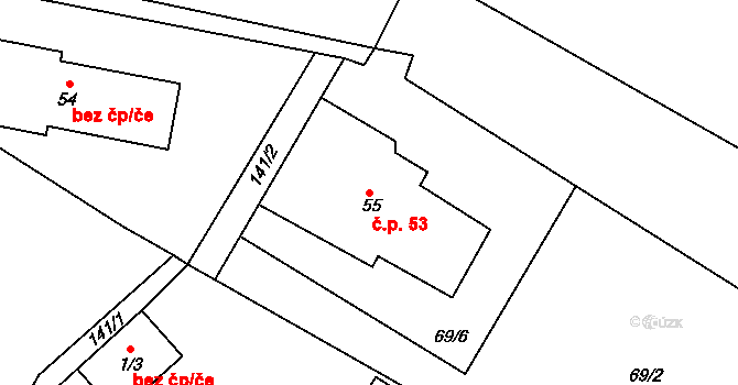 Velký Újezd 53, Býčkovice na parcele st. 55 v KÚ Velký Újezd u Litoměřic, Katastrální mapa