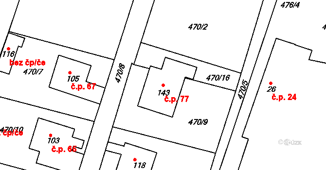 Lhota 77, Přelouč na parcele st. 143 v KÚ Lhota pod Přeloučí, Katastrální mapa