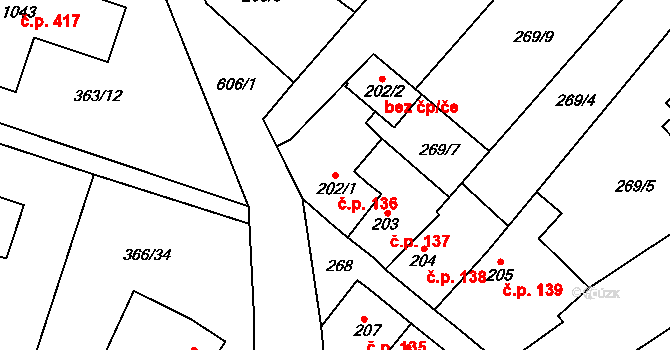 Bašť 136 na parcele st. 202/1 v KÚ Bašť, Katastrální mapa