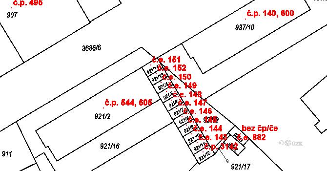 Vyškov-Předměstí 150, Vyškov na parcele st. 921/4 v KÚ Vyškov, Katastrální mapa