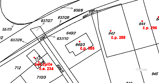Rousínov 385 na parcele st. 640/3 v KÚ Rousínov u Vyškova, Katastrální mapa