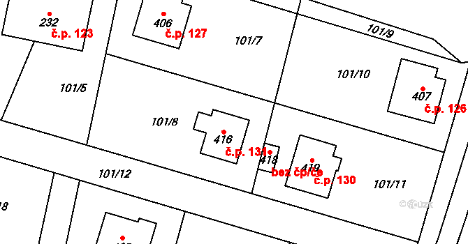 Kunice 131 na parcele st. 416 v KÚ Kunice u Říčan, Katastrální mapa