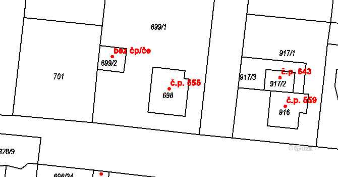 Tuchlovice 555 na parcele st. 698 v KÚ Tuchlovice, Katastrální mapa