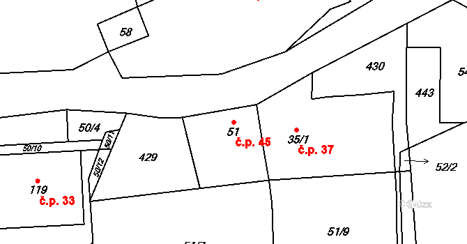 Bubovice 45 na parcele st. 51 v KÚ Bubovice, Katastrální mapa