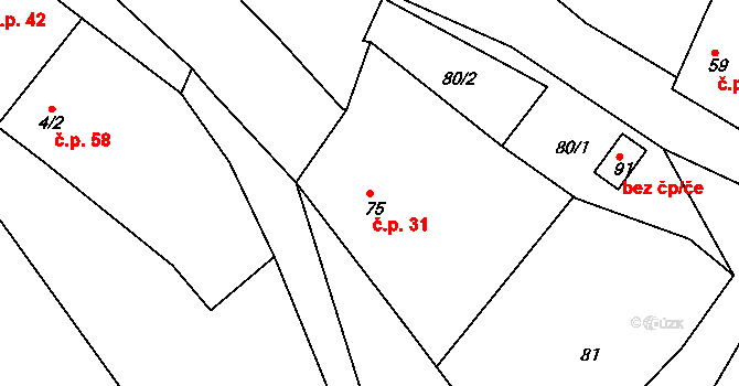 Leletice 31, Hvožďany na parcele st. 75 v KÚ Leletice, Katastrální mapa