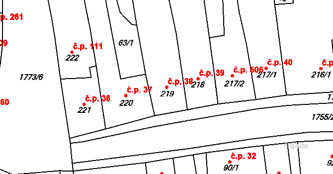 Libochovice 38 na parcele st. 219 v KÚ Libochovice, Katastrální mapa