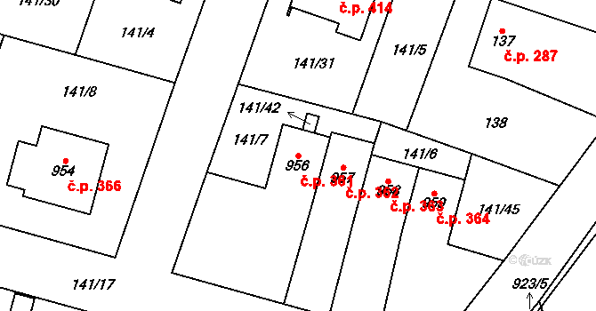 Kostomlaty nad Labem 361 na parcele st. 956 v KÚ Kostomlaty nad Labem, Katastrální mapa