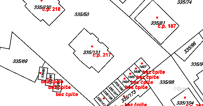 Myslibořice 217 na parcele st. 335/131 v KÚ Myslibořice, Katastrální mapa