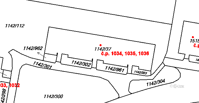 Řepy 1034,1035,1036, Praha na parcele st. 1142/37 v KÚ Řepy, Katastrální mapa