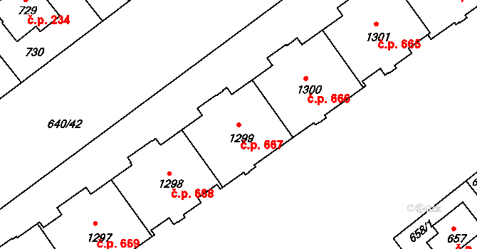 Prosek 667, Praha na parcele st. 1299 v KÚ Prosek, Katastrální mapa