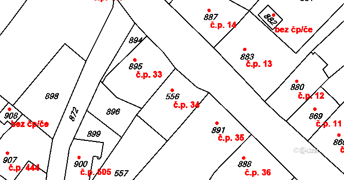 Hodkovice nad Mohelkou 34 na parcele st. 556 v KÚ Hodkovice nad Mohelkou, Katastrální mapa