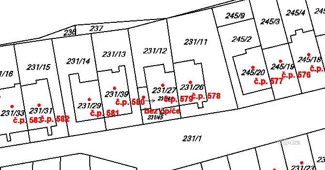 Blučina 579 na parcele st. 231/27 v KÚ Blučina, Katastrální mapa