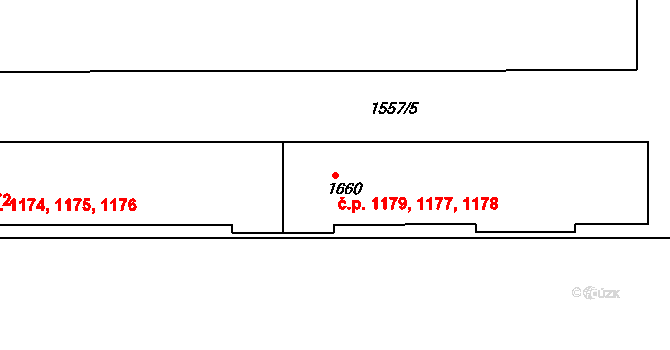 Rosice 1177,1178,1179 na parcele st. 1660 v KÚ Rosice u Brna, Katastrální mapa