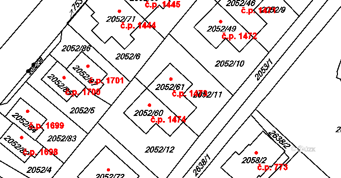 Radotín 1473, Praha na parcele st. 2052/61 v KÚ Radotín, Katastrální mapa