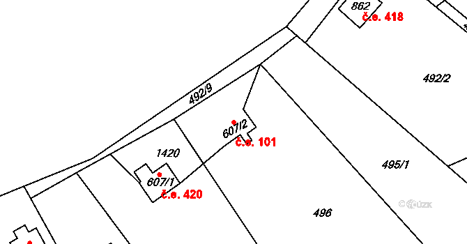 Čisovice 101 na parcele st. 607/2 v KÚ Čisovice, Katastrální mapa