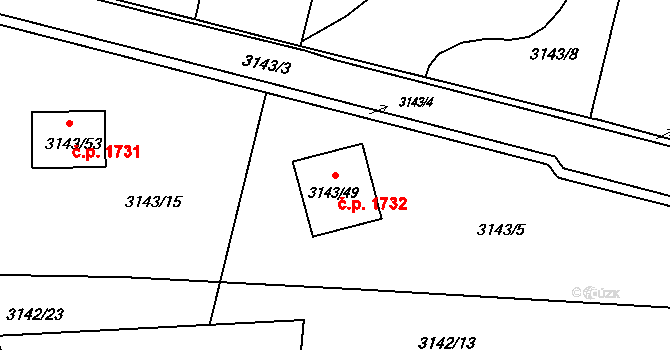 Kadaň 1732 na parcele st. 3143/49 v KÚ Kadaň, Katastrální mapa